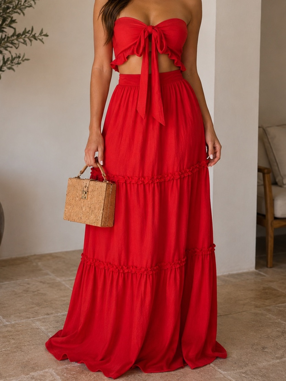 2xHP🎉 . Cherry On Top Red Ruffle Crop Top & Maxi Skirt Set